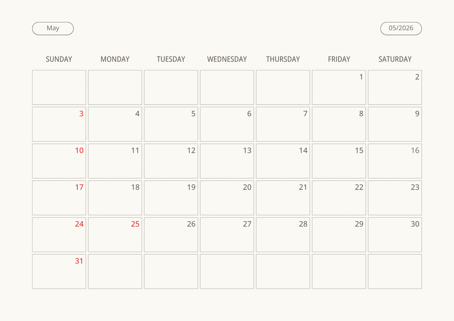 Printable Wall Calendar 2026 - Digital Download (PDF)