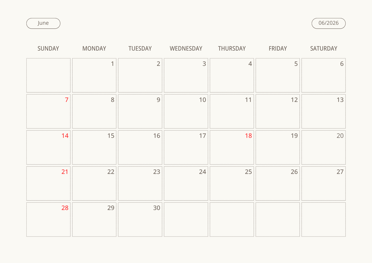 Printable Wall Calendar 2026 - Digital Download (PDF)