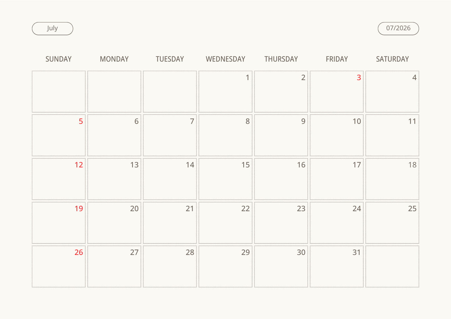 Printable Wall Calendar 2026 - Digital Download (PDF)