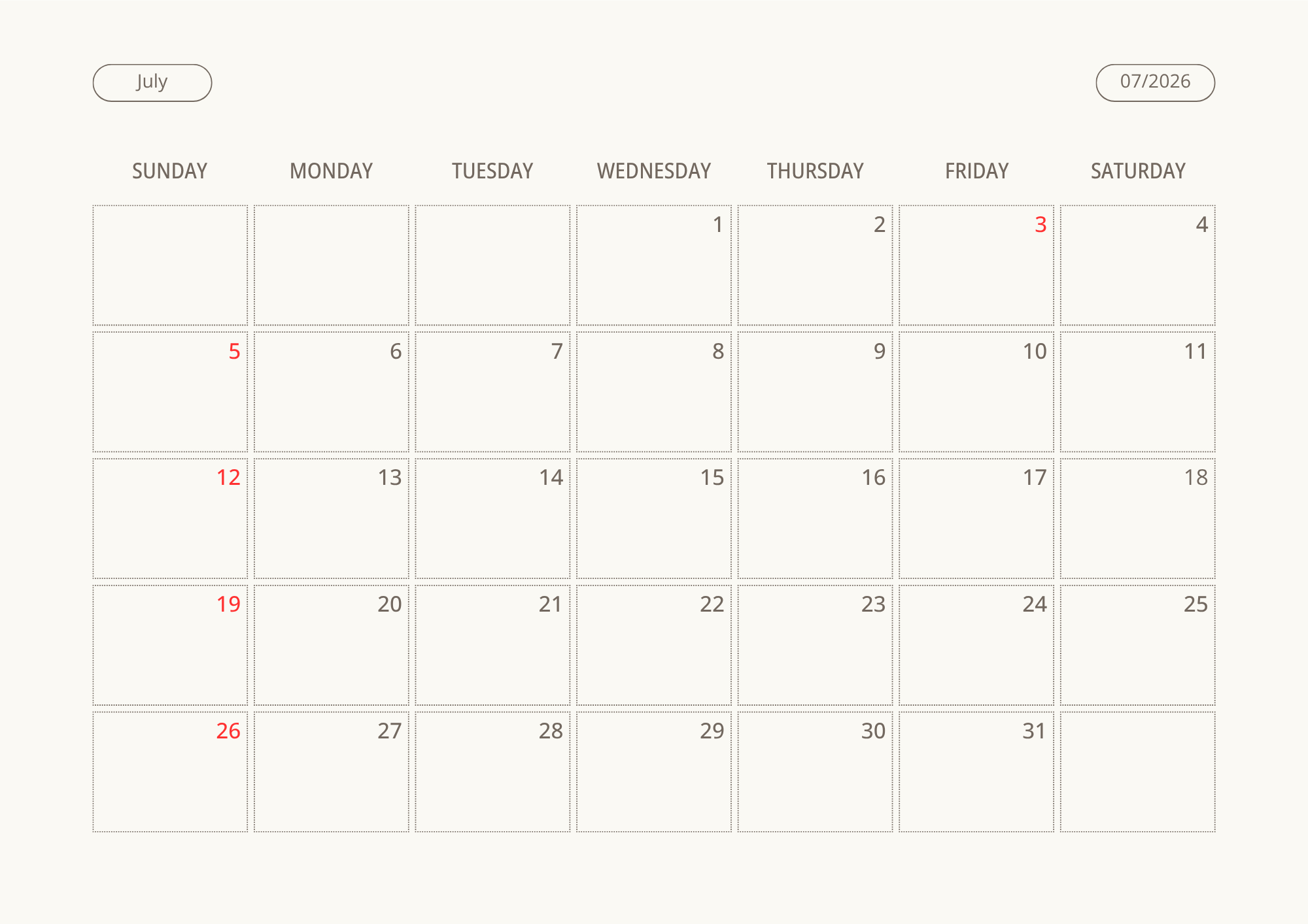 Printable Wall Calendar 2026 - Digital Download (PDF)