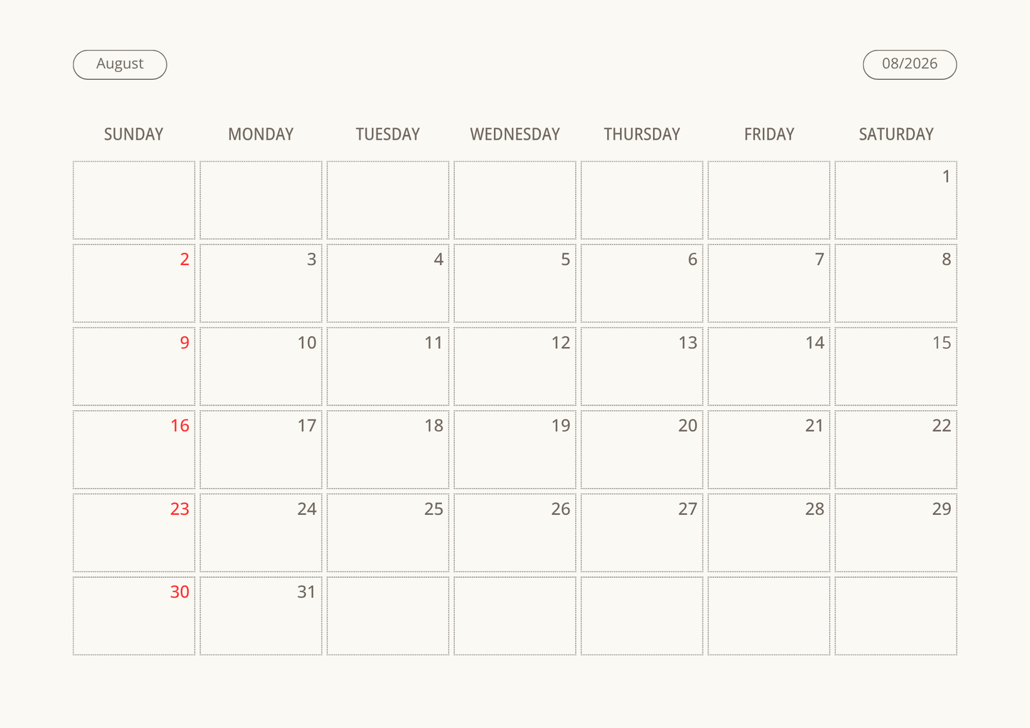 Printable Wall Calendar 2026 - Digital Download (PDF)