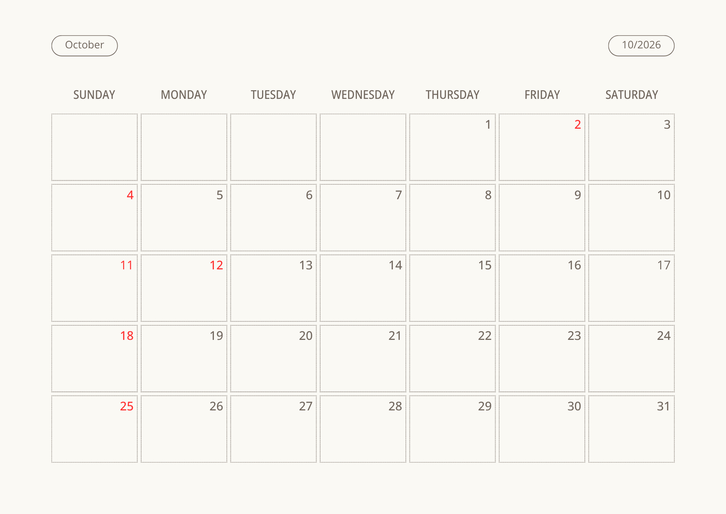 Printable Wall Calendar 2026 - Digital Download (PDF)