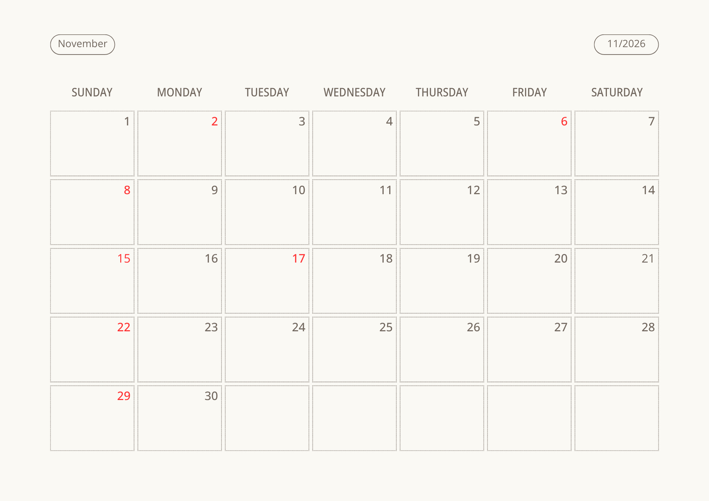 Printable Wall Calendar 2026 - Digital Download (PDF)