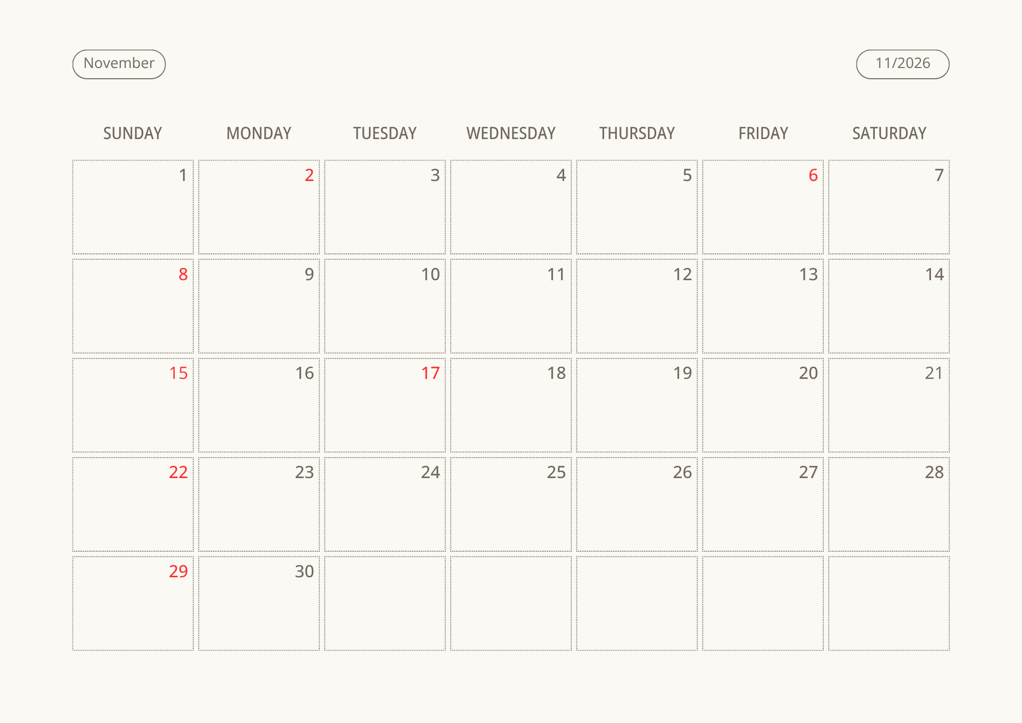 Printable Wall Calendar 2026 - Digital Download (PDF)
