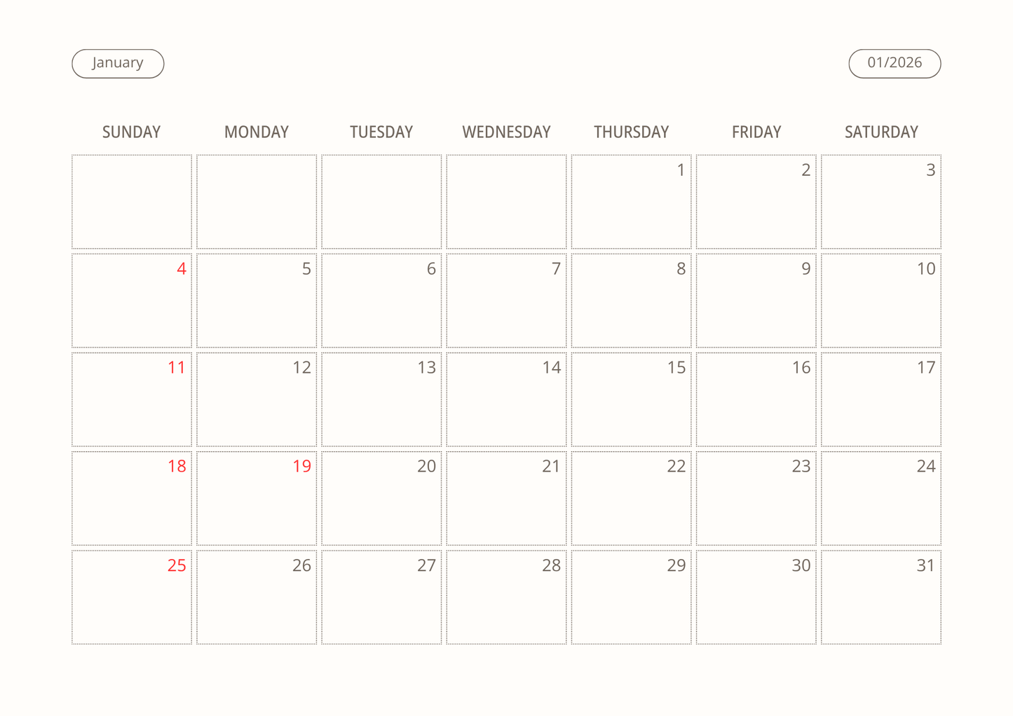 Printable Wall Calendar 2026 - Digital Download (PDF)