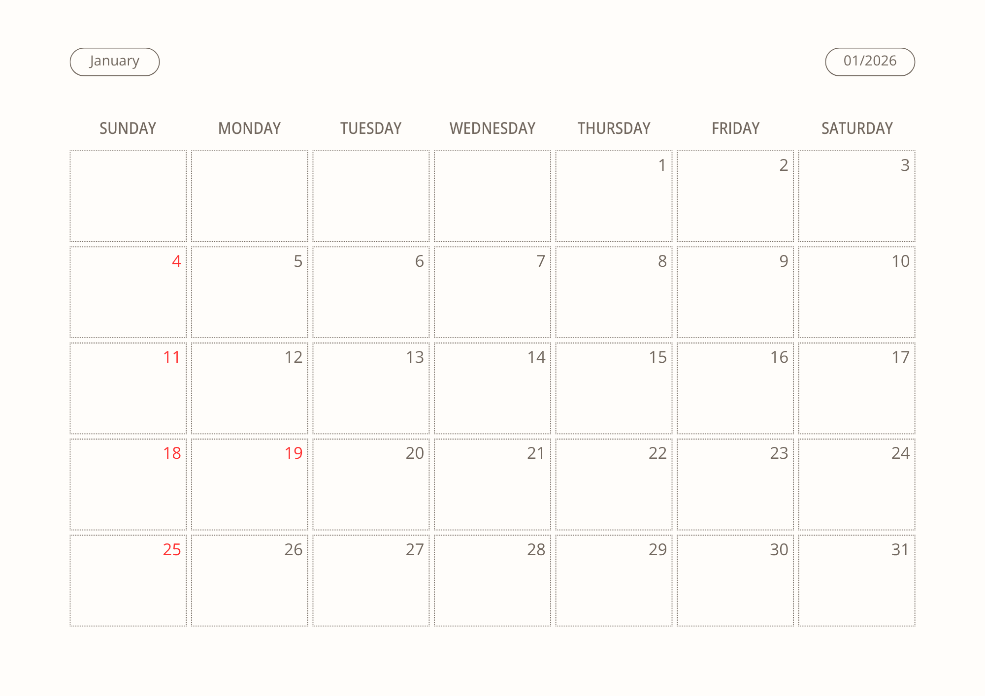 Printable Wall Calendar 2026 - Digital Download (PDF)
