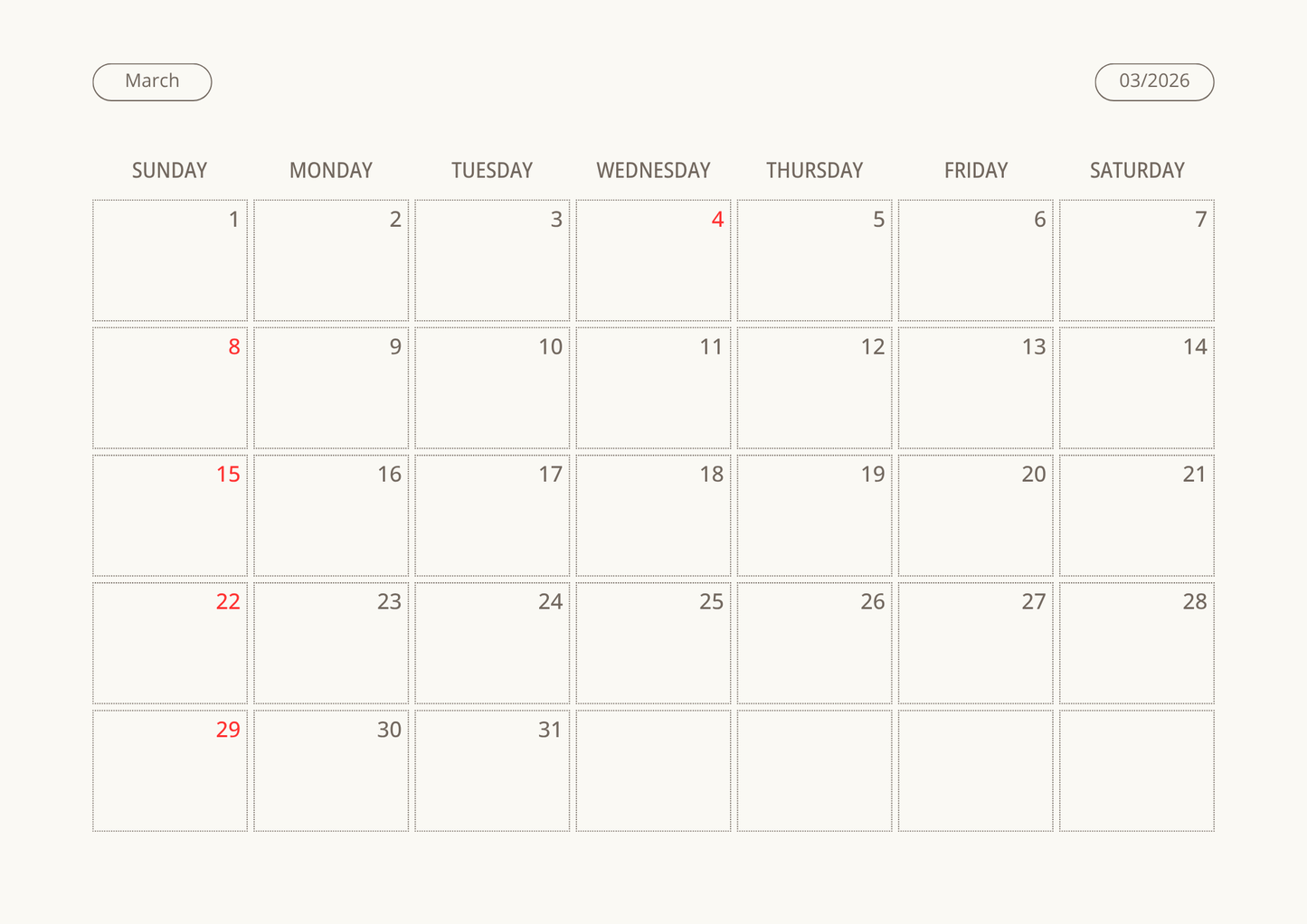 Printable Wall Calendar 2026 - Digital Download (PDF)