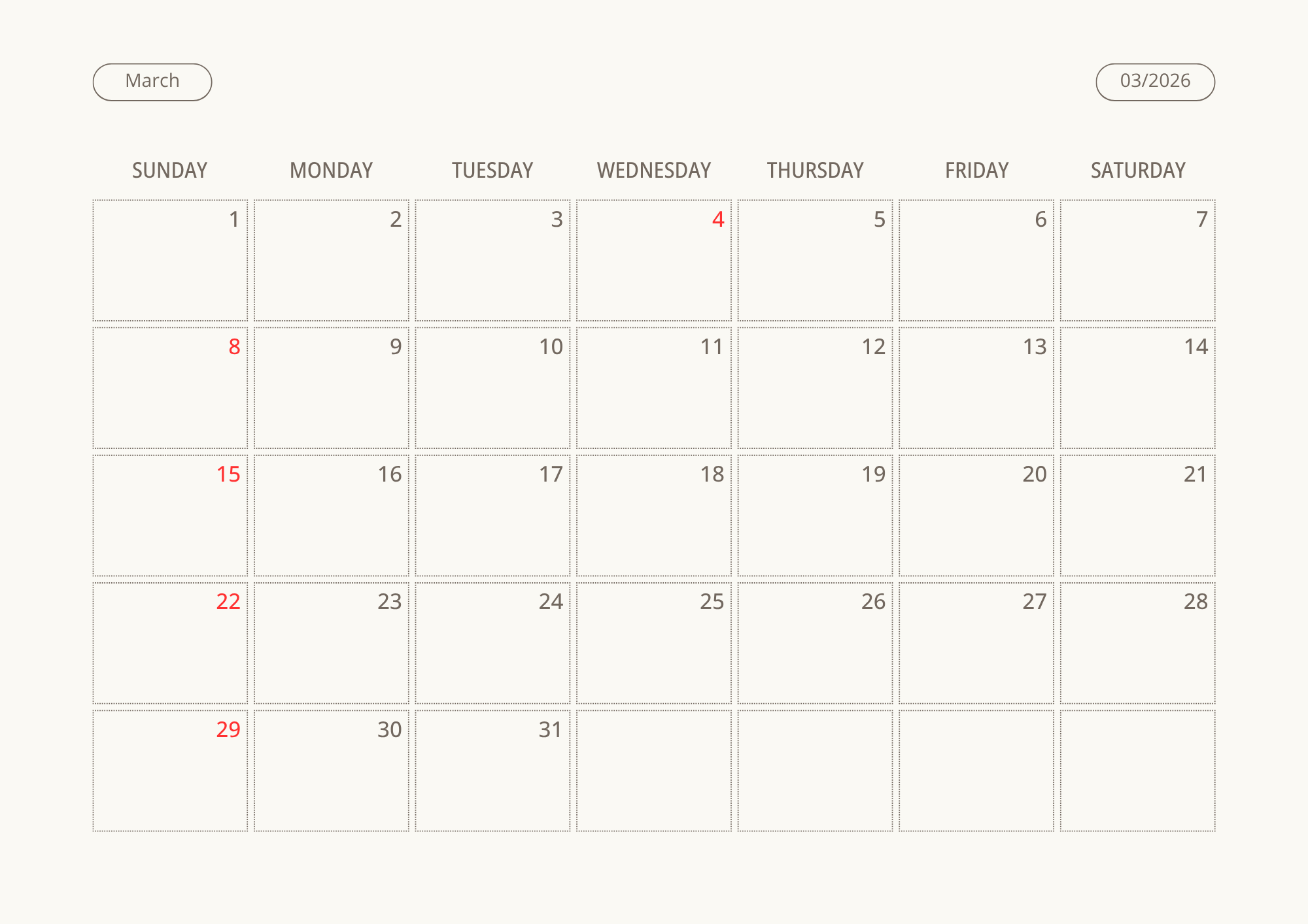 Printable Wall Calendar 2026 - Digital Download (PDF)