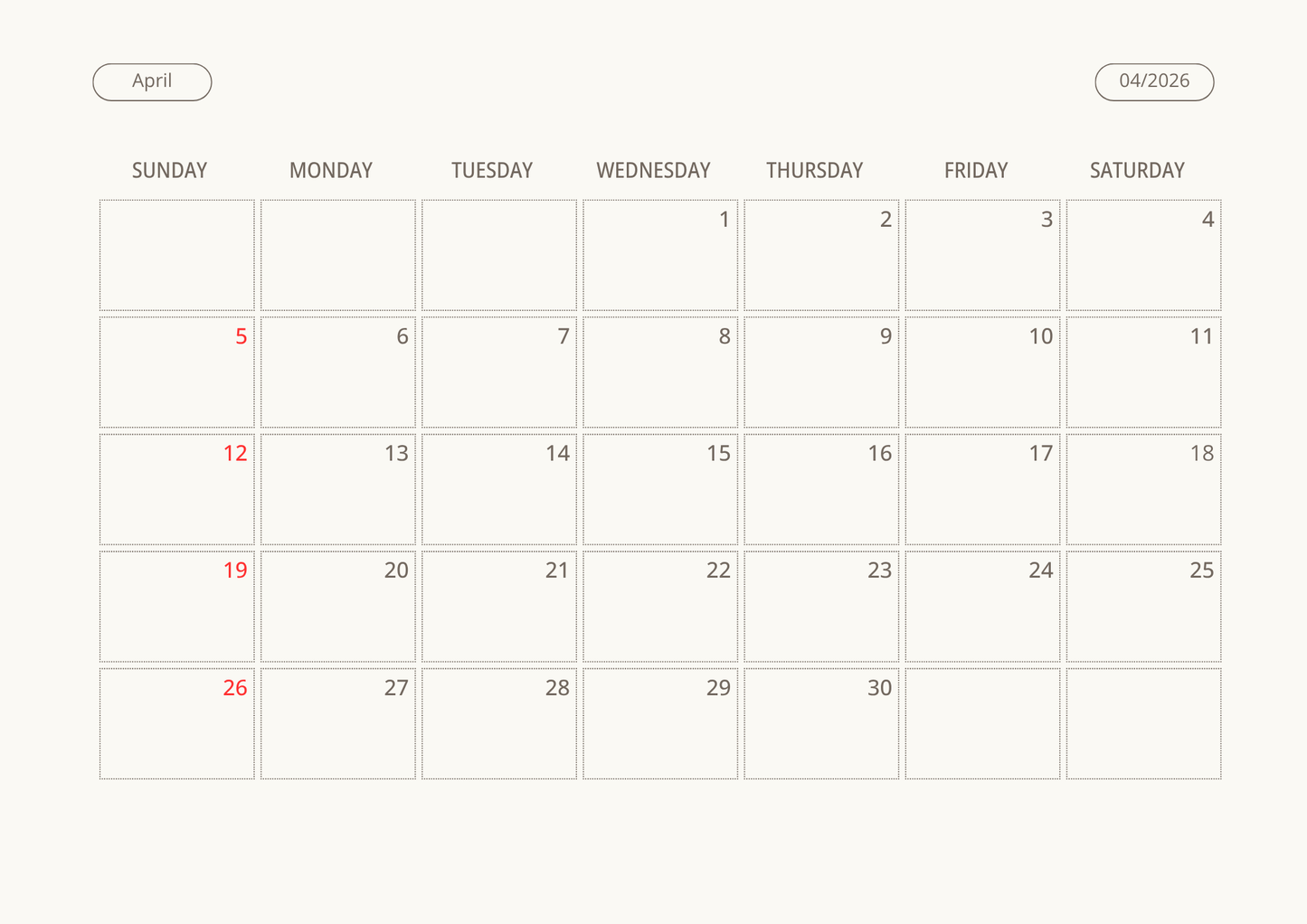 Printable Wall Calendar 2026 - Digital Download (PDF)