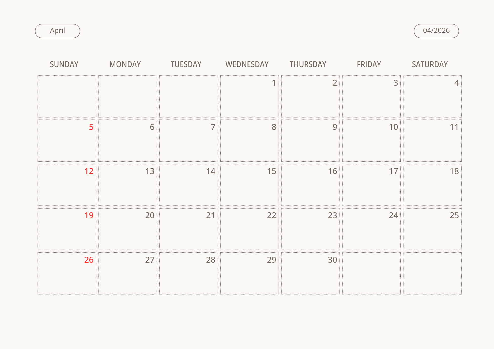 Printable Wall Calendar 2026 - Digital Download (PDF)